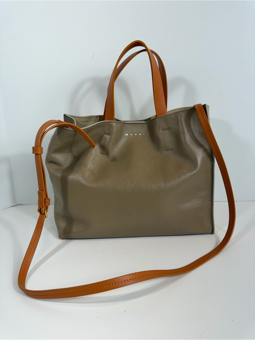 Marni Museo Small Colorblock Leather Neutral Tote Bag SS23
